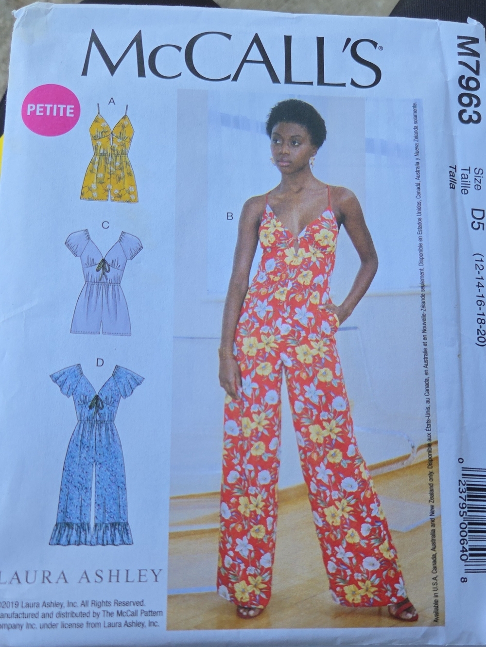 Women's Red Floral Wide-Leg Jumpsuit Sewing Pattern Petite Sizes 12-20